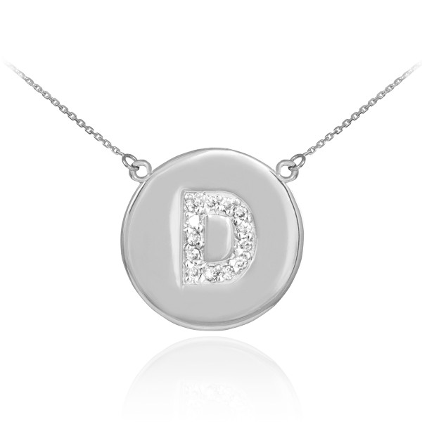 Letter "D" disc necklace with diamonds in 14k white gold.