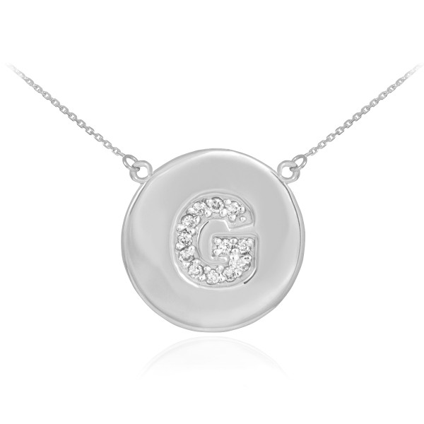 Letter "G" disc necklace with diamonds in 14k white gold.