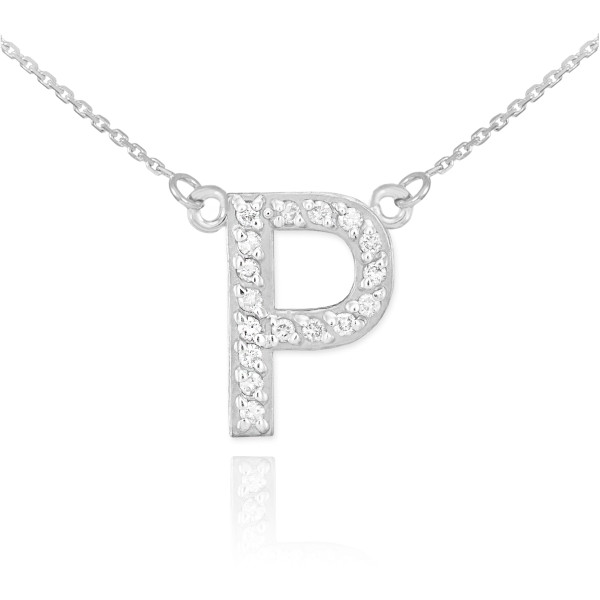 14k White Gold Letter "P" Diamond Initial Necklace