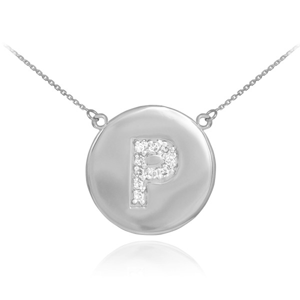 14k White Gold Letter "P" Initial Diamond Disc Necklace