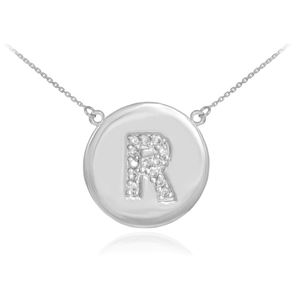 14k White Gold Letter "R" Initial Diamond Disc Necklace