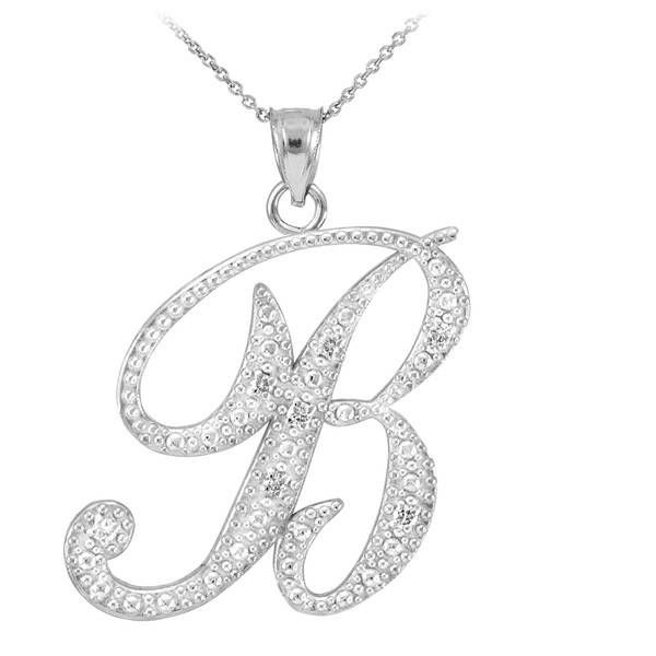 14k White Gold Letter Script "B" Diamond Initial Pendant Necklace