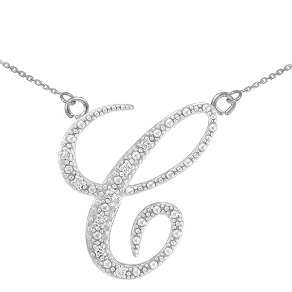 14k White Gold Letter Script "C" Diamond Initial Necklace