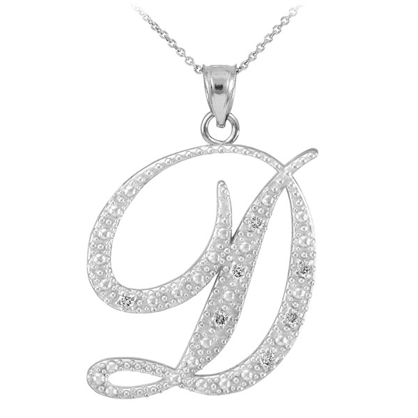 14k White Gold Letter Script "D" Diamond Initial Pendant Necklace