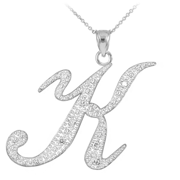 14k White Gold Letter Script "K" Diamond Initial Pendant Necklace