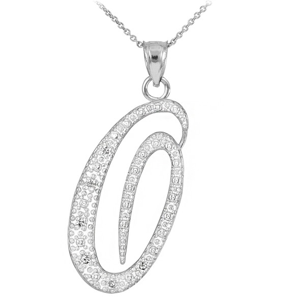 14k White Gold Letter Script "O" Diamond Initial Pendant Necklace
