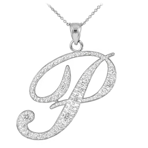 14k White Gold Letter Script "P" Diamond Initial Pendant Necklace