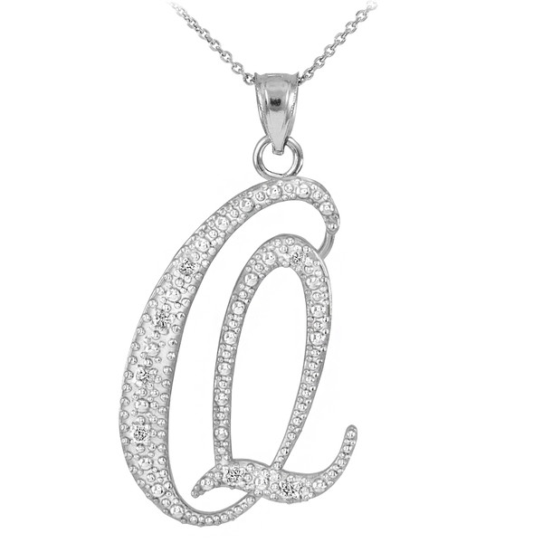 14k White Gold Letter Script "Q" Diamond Initial Pendant Necklace