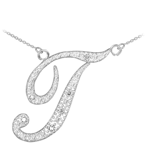 14k White Gold Letter Script "T" Diamond Initial Necklace