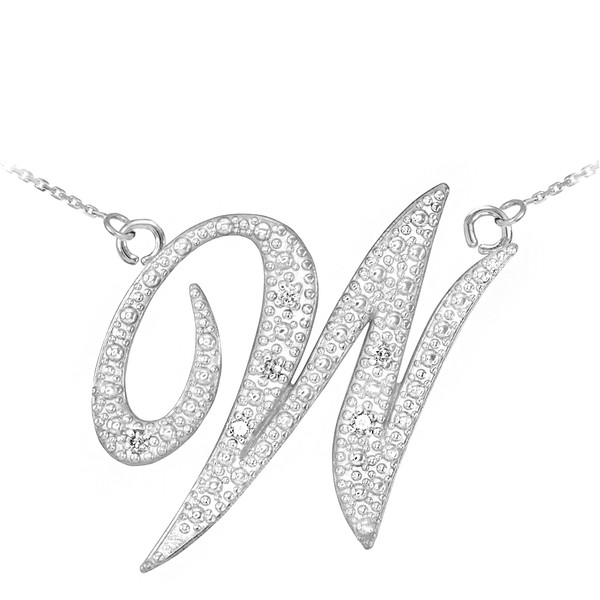 14k White Gold Letter Script "W" Diamond Initial Necklace