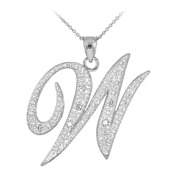 14k White Gold Letter Script "W" Diamond Initial Pendant Necklace