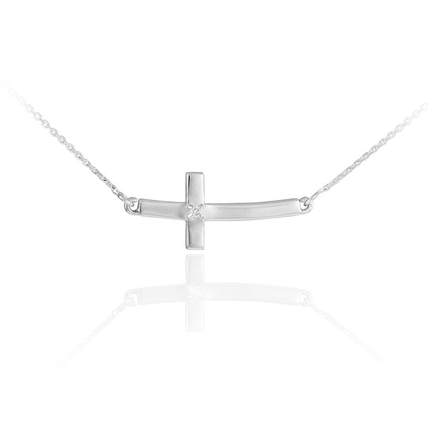 14K White Gold Sideways Small Curved Diamond Cross Pendant Necklace