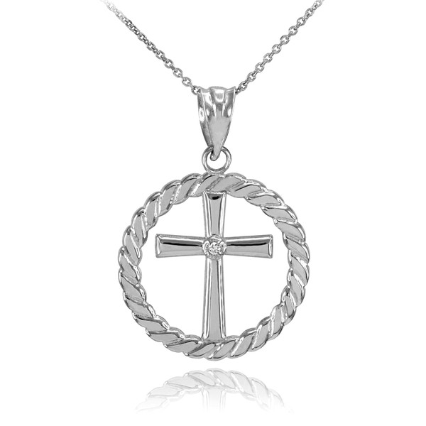 925 Sterling Silver Cross with CZ Circle Rope Pendant Necklace