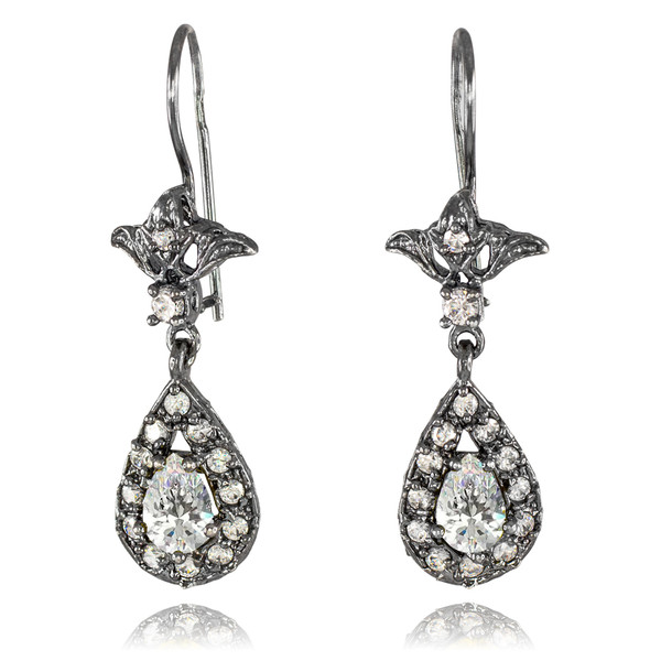 Black Silver Teardrop Clear CZ Earrings