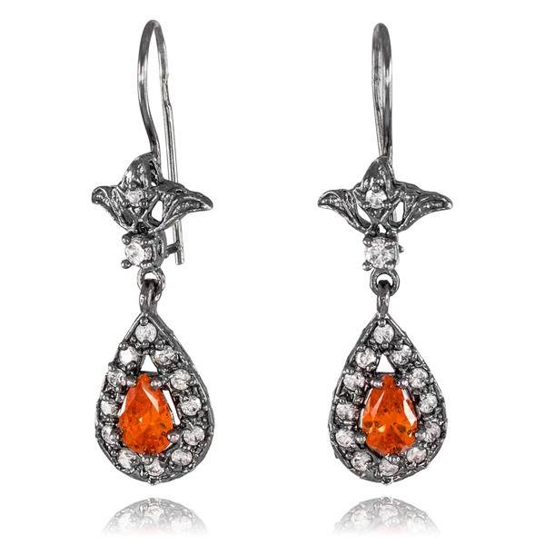 Black Silver Teardrop Garnet CZ Earrings