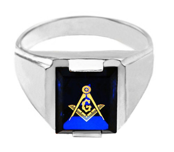 Freemason Blue CZ Square & Compass Silver Masonic Mens Ring