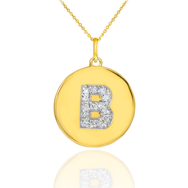 Letter "B" disc pendant necklace with diamonds in 10k or 14k yellow gold.