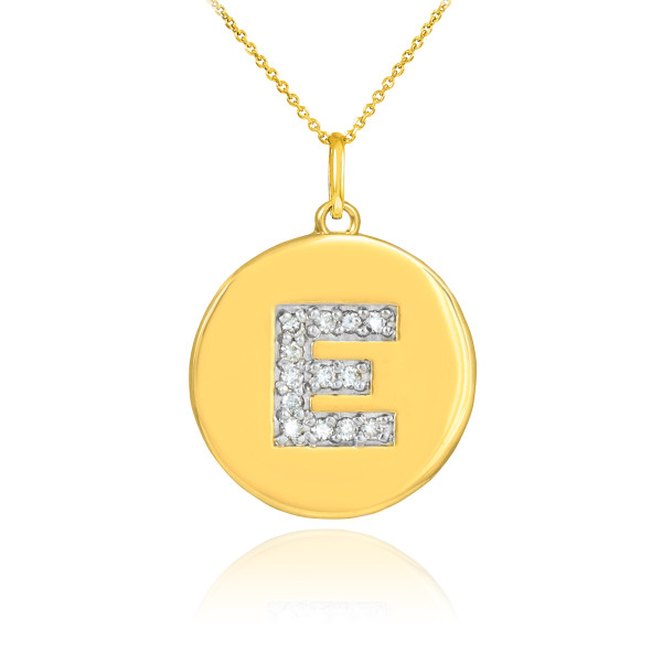 Letter "E" disc pendant necklace with diamonds in 10k or 14k yellow gold.