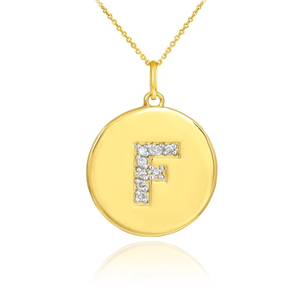 Letter "F" disc pendant necklace with diamonds in 10k or 14k yellow gold.