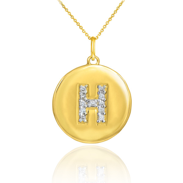 Letter "H" disc pendant necklace with diamonds in 10k or 14k yellow gold.