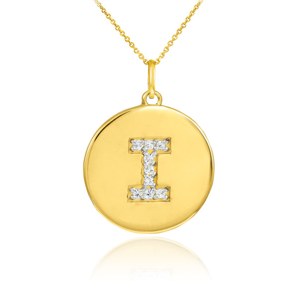 Letter "I" disc pendant necklace with diamonds in 10k or 14k yellow gold.
