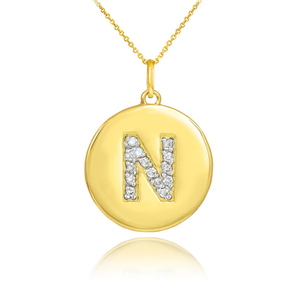 Gold Letter "N" Initial Diamond Disc Pendant Necklace