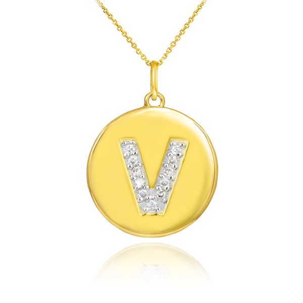 Gold Letter "V" Initial Diamond Disc Pendant Necklace