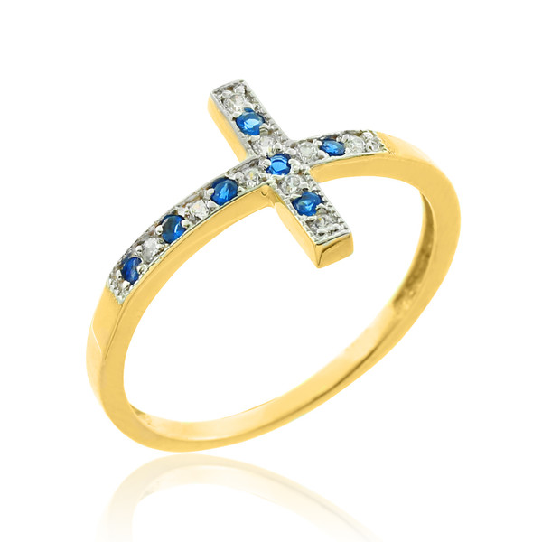 Gold Sideways Cross Blue Zirconia Ring