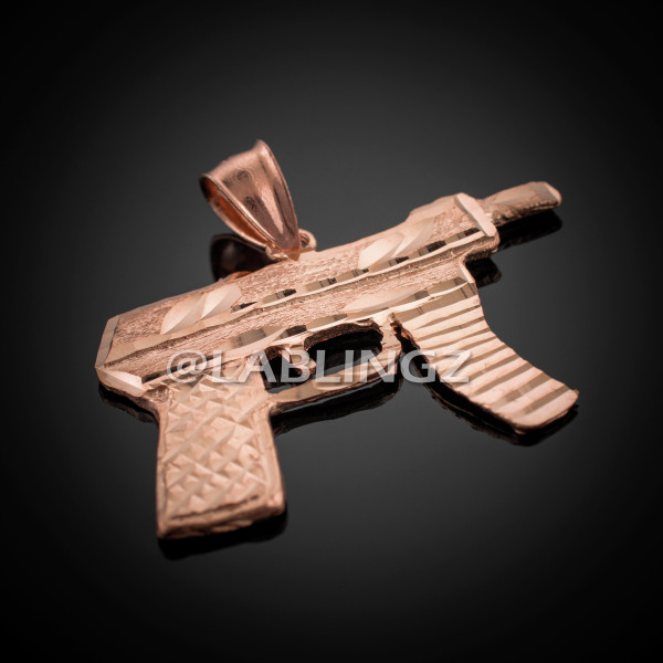 Rose Gold Machine Pistol Gun Diamond-Cut Pendant