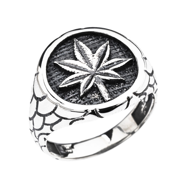 Men's Sterling Silver Marijuana Leaf Cannabis Nugget Band Ring