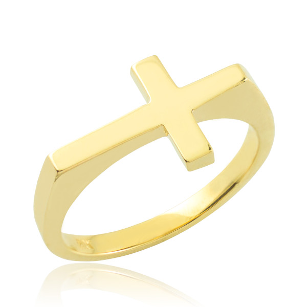 Polished Gold Flat Top Sideways Cross Ring