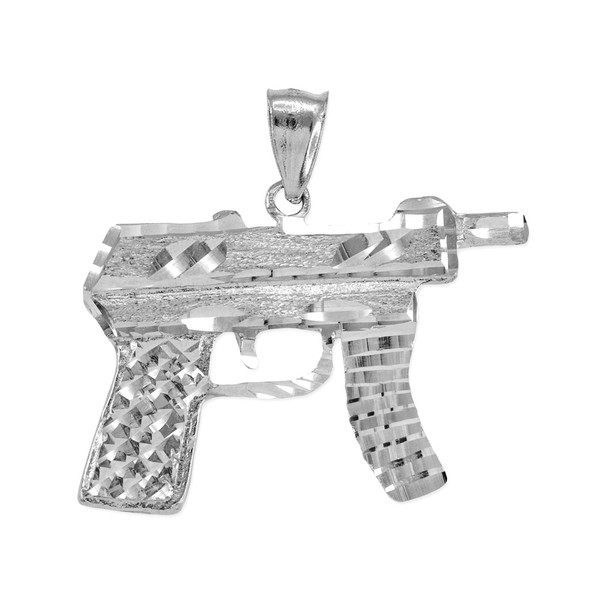 925 Sterling Silver Machine Pistol Gun Diamond-Cut Pendant