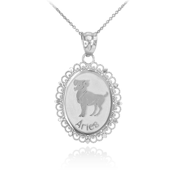 Polished White Gold Aries Zodiac Sign Oval Pendant Necklace