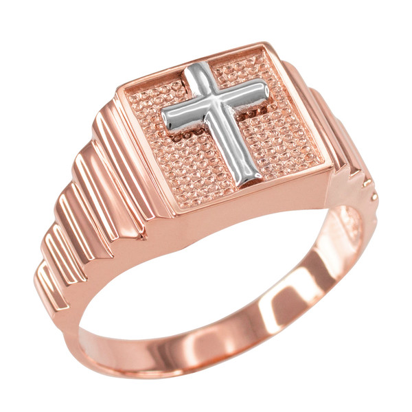 Rose Gold Cross Square Mens Ring