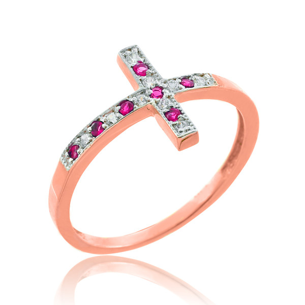 Rose Gold Diamond Sideways Cross Ring with Rubies