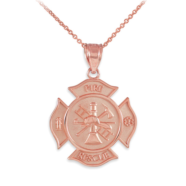 Rose Gold Fire Rescue Firefighter Solid Badge Pendant Necklace