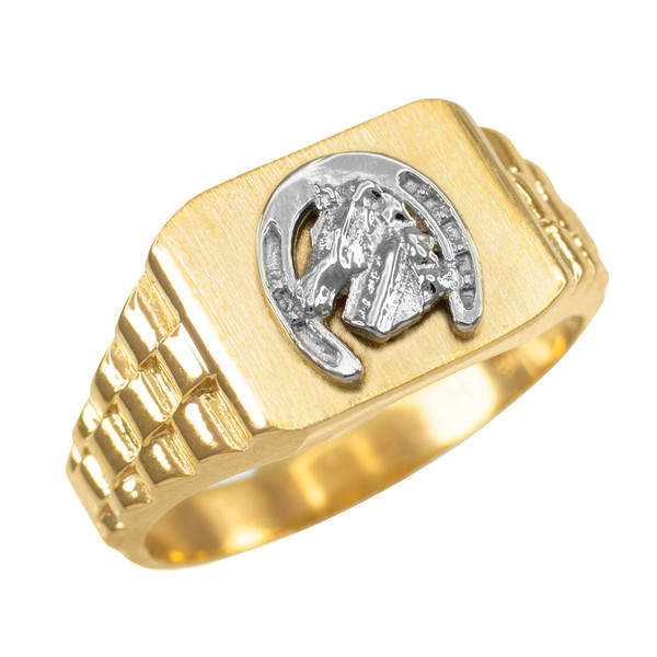 Gold Lucky Horseshoe Mens Rectangular Ring