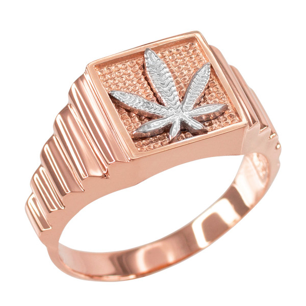 Rose Gold Marijuana Square Mens Ring
