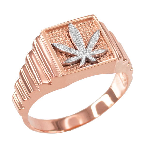 Rose Gold Marijuana Square Mens Ring