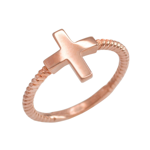 Rose Gold Roped Sideways Cross Ring