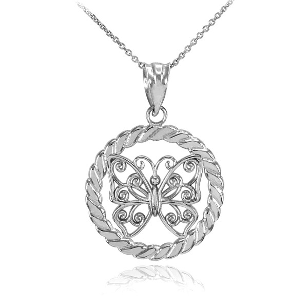 Silver Filigree Butterfly in Circle Rope Pendant Necklace