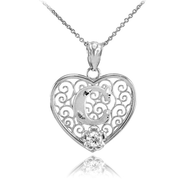 Silver Filigree Heart "C" Initial CZ Pendant Necklace