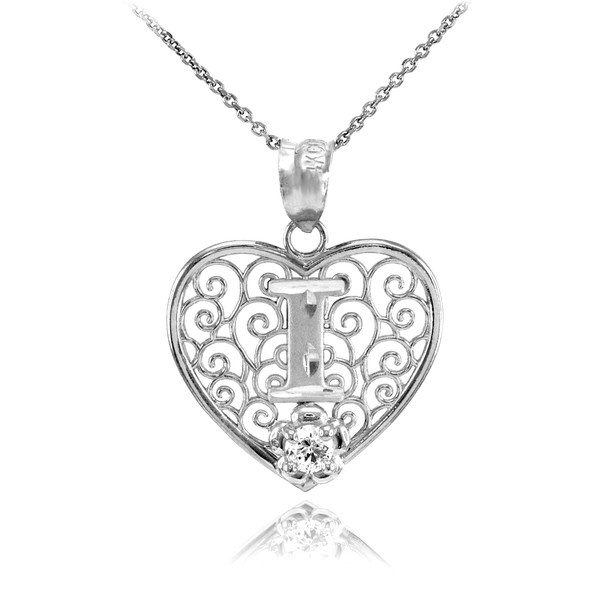 Silver Filigree Heart "I" Initial CZ Pendant Necklace