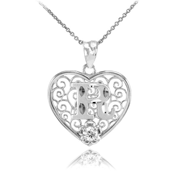 Silver Filigree Heart "R" Initial CZ Pendant Necklace