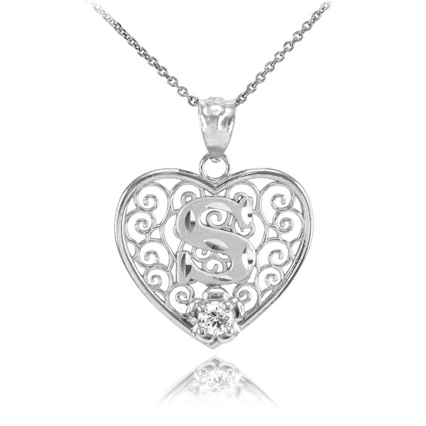 Silver Filigree Heart "S" Initial CZ Pendant Necklace