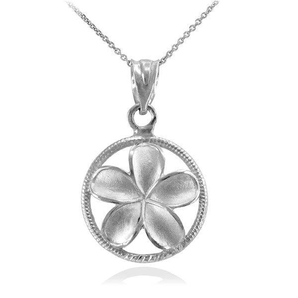 Silver Roped Circle Hawaiian Plumeria Flower Charm Pendant Necklace