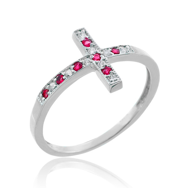 Silver Sideways Cross CZ Ring with Red Zirconia