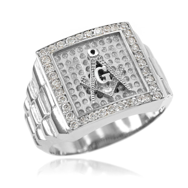Silver Watchband Design Men's Masonic Iced CZ Ring
