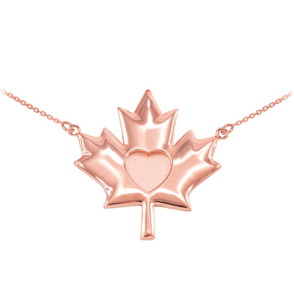 Solid 14k Rose Gold Heart Maple Leaf Necklace