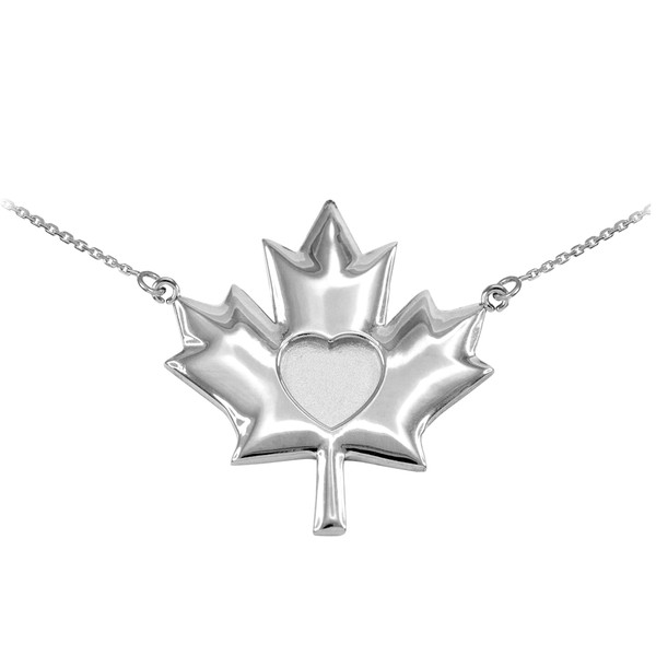 Solid 14k White Gold Heart Maple Leaf Necklace